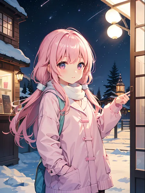 One girl、Pink hair、PastelColors、Cute、blush, tiny chest, winter, outdoors, night, starry sky, warm clothes