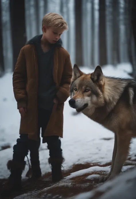 Blonde boy in the icy forest next to a big brown wolf.