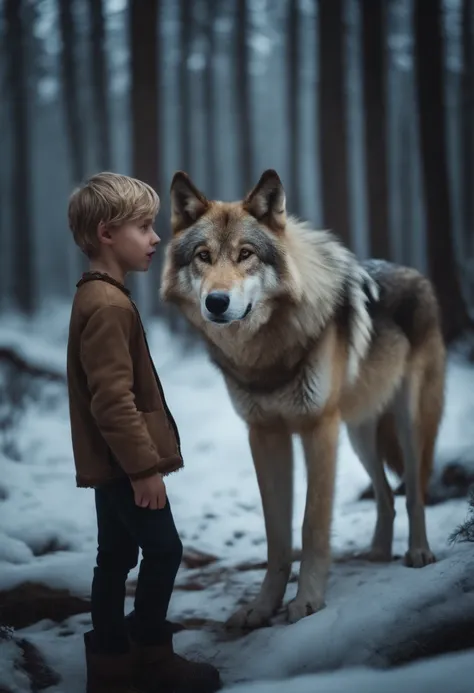 Blonde boy in the icy forest next to a big brown wolf.