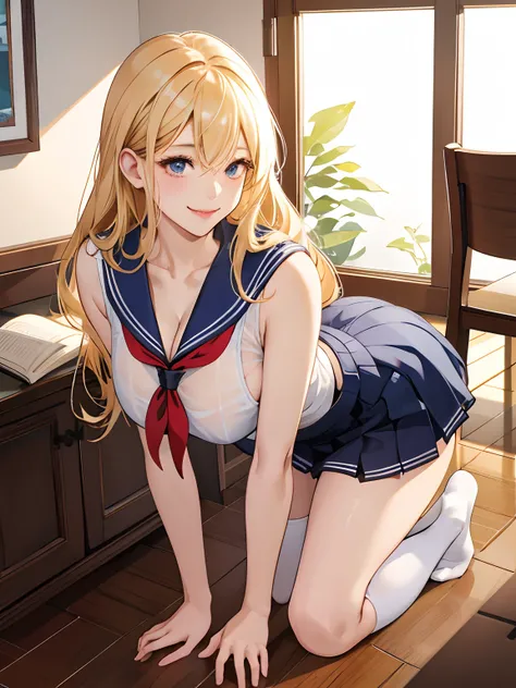 top-quality、Realistic、High School Girl、bule、large full breasts、a sailor suit、Tight-fitting uniforms、Sheer clothing、skirts that are too short、Not wearing underwear、A smile、big eye、long lashes、Long upper eyelashes、a blond、cute little、Beautie、A sexy、Dark clas...