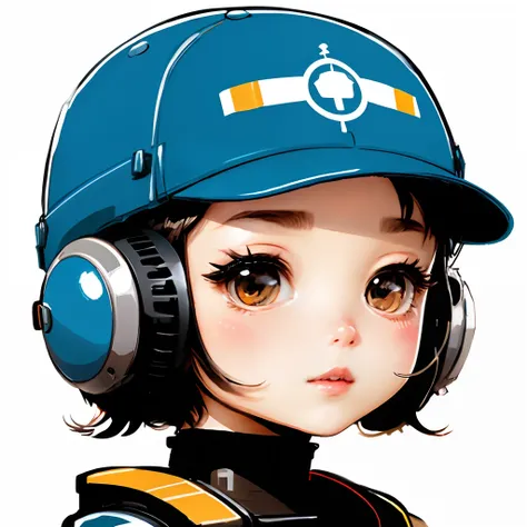 Cute girl and robot、Train motif、a sticker、simple background、light blu