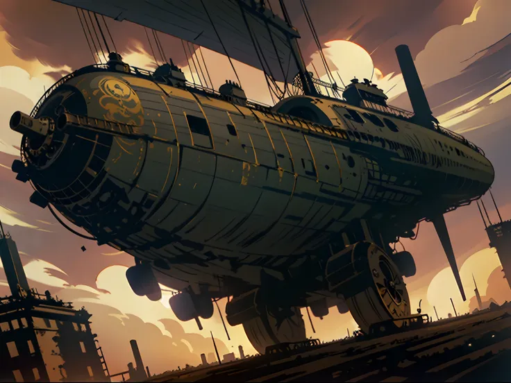 view from side, Dutch angle, zeppelin airship flying, steampunk decor sky, steam punk style, steampunk style, rococo, steampunk!, in HNKstyle, 80s anime style