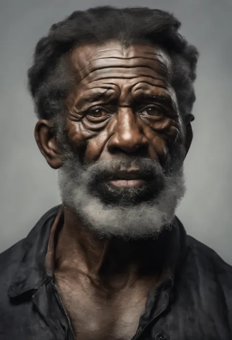 RETRATO DE UM HOMEM NEGRO VELHO, BARBAS BRANCAS, COM O OLHAR TRISTE CHORANDO FUMANDO CACHIMBO