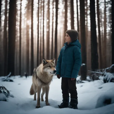 A realistic photo of a young, blonde-haired boy standing in a remote, icy forest, facing a brown wolf.