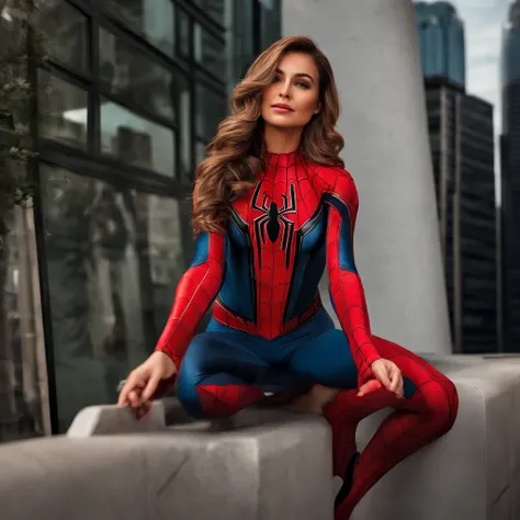 ((Foto realista ultra detalhada baseada em Marvel Spider-Man: traje rasgado do homem- aranha, mostrando mamas enormes da garota)), The female version of Spider-Man，Stay in a tall building in New York，Guerra mundial，The Avengers reunite，Olhos determinados e...