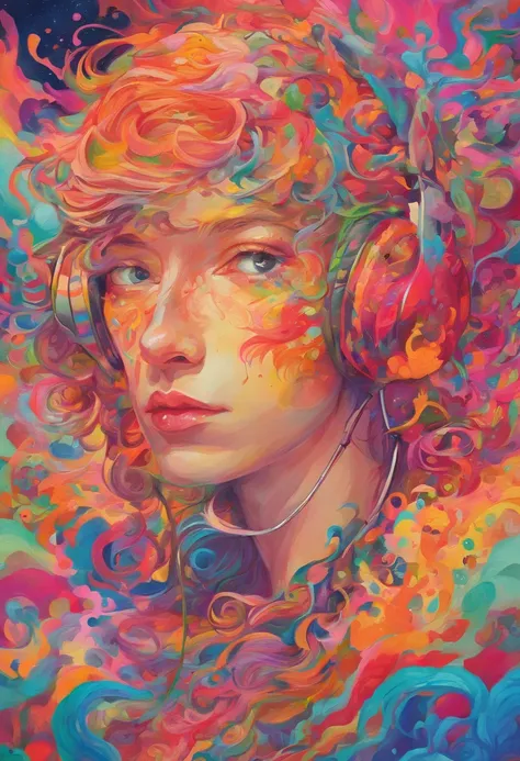 High quality, masutepiece, watercolor paiting, Cleaning technology, Colorful, Paint dripping and scattered, Paintings like Agnes Cecil, Blurry, Pale touch, Dirty outlines, Like in a fairy tale, Young man listening to music with headphones, Christian, Catho...