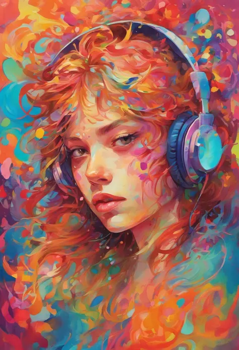 High quality, masutepiece, watercolor paiting, Cleaning technology, Colorful, Paint dripping and scattered, Paintings like Agnes Cecil, Blurry, Pale touch, Dirty outlines, Like in a fairy tale, Young man listening to music with headphones, Christian, Catho...