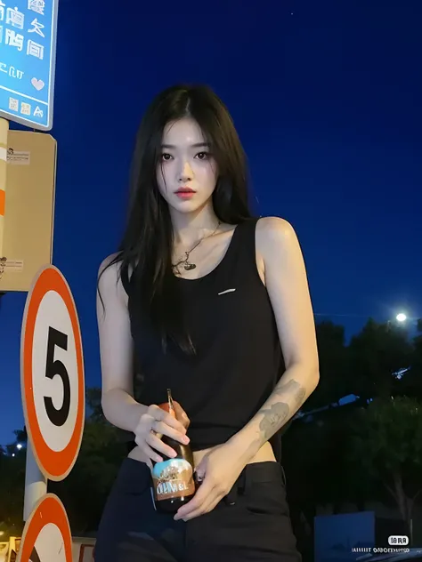 Woman standing next to a street sign holding a beer, she is wearing a black tank top, cruel korean goth girl, foto de perfil, yakuza menina magra, foto de modelo de menina slim, Heonhwa Choe, kanliu666, Xianxia de corpo inteiro, Jinyoung Canela, she is wea...