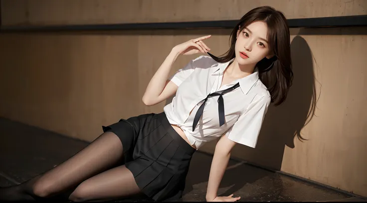 Korean school uniform、summer school uniform shirt、Tight shirt、Ribbon Ties、skirt by the、schools、stairs at school、chest lifting pose、Emphasis on the chest、Slender and large、8K raw photos、A high resolution、18-year-old Korean、embarrassing looking、very large ro...