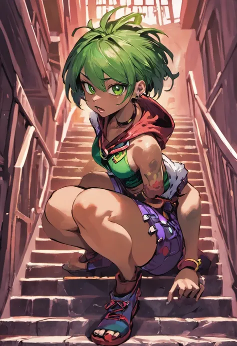 boa qualidade, personagem adolescente, cor de pele vermelha, horn on head , perna, Sitting on the stairs short hair tied back, olhos verdes, Bermuda, cor de cabelo roxo