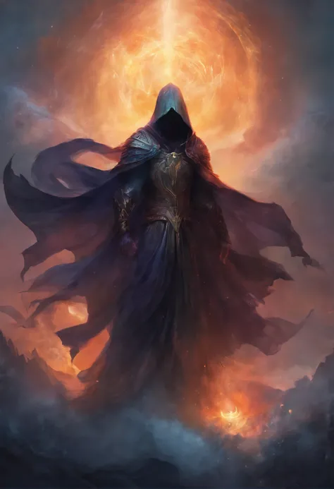 A high-fantasy horror portrait of a hooded shadowy celestial being with luminous spectral wings coming out of its back that are made completely of glowing light. He is surrounded by dark necrotic clouds, fog and mist. Eldritch energy.