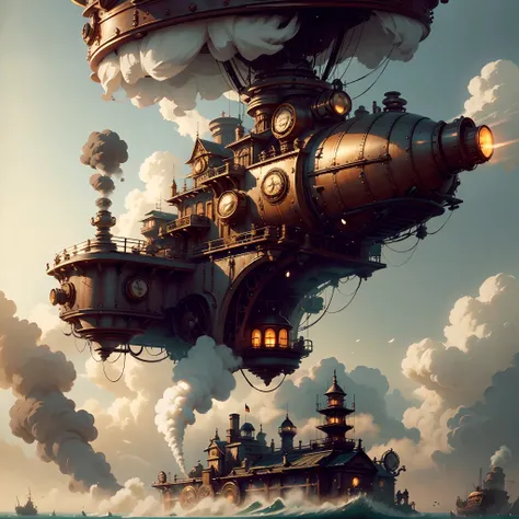 A steampunk-inspired floating island powered by steam engines. --auto