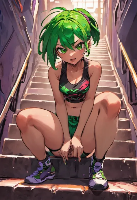 boa qualidade, personagem adolescente, cor de pele vermelha, horn on head , perna musculosa, Sitting on the stairs short hair tied back, olhos verdes, Bermudas, cor de cabelo roxo,