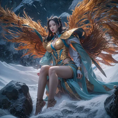 cinematic cgsociety，Fly the Nine-Tailed Light Blue Sky Division Flame Hairy Bear Star，Erotic，Torch Night Black Gold Orange Brocade Silk Snake Print Silk Pants，Rouge diamond tulle sheer lizard-patterned leggings，Fat woman flying in the snow in space，Front v...