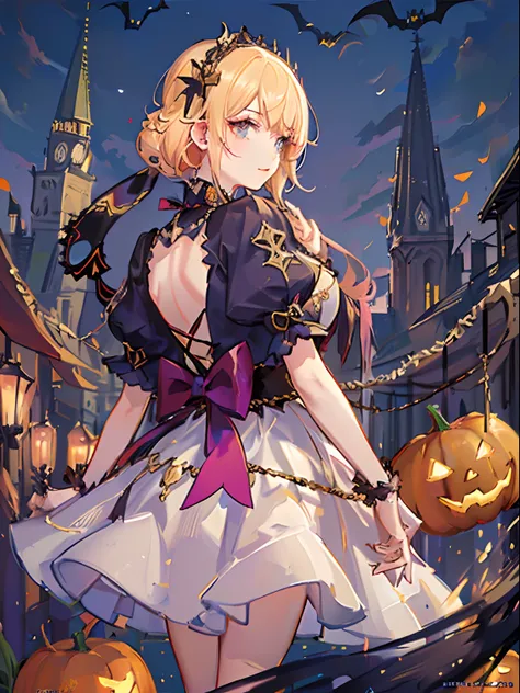 Holding a jack-o-lantern in hand, Medieval European cityscape on Halloween,  Blonde girl in pearl pink dress, Her hair runs down her back, Transparent cloth dress shimmering in the light.