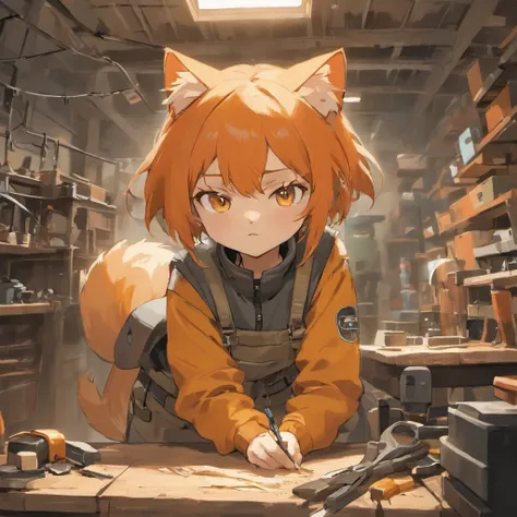 Illustrate a practical and agile orange Shorthair cat, wearing a work vest and safety helmet. The cat is situated in a workshop on the outskirts of the city, surrounded by various mechanical tools, such as wrenches, screwdrivers, and spare tires. In its vi...