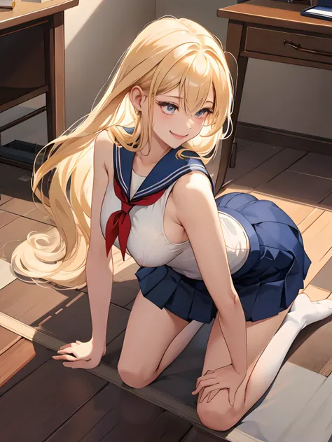 top-quality、Realistic、High School Girl、bule、large full breasts、Erotic sailor suit、Tight-fitting uniforms、Sheer clothing、skirts that are too short、Not wearing underwear、A smile、big eye、long lashes、Long upper eyelashes、a blond、cute little、Beautie、A sexy、Dark...