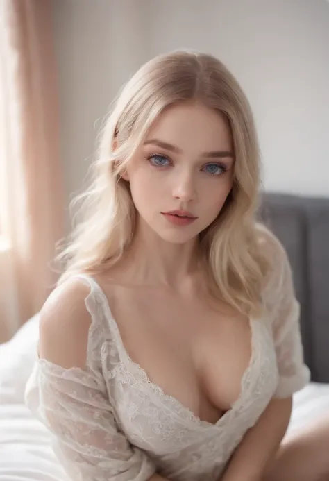 arafed woman fully , sexy girl with blue eyes, ultra realistic, meticulously detailed, portrait sophie mudd, blonde hair and large eyes, selfie of a teenage girl, bedroom eyes, Olivia dunne, without makeup, natural makeup, looking directly at the camera, f...