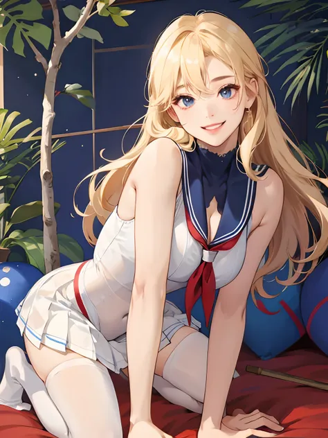 top-quality、Realistic、High School Girl、bule、large full breasts、Erotic sailor suit、Tight-fitting uniforms、Sheer clothing、skirts that are too short、Not wearing underwear、A smile、big eye、long lashes、Long upper eyelashes、a blond、cute little、Beautie、A sexy、dark...