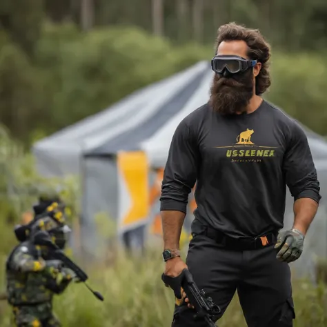 Homem branco, de barba, wearing goggles, cabelo curto com topete, usando camisa manga longa camuflada em preto e cinza, segurando um marcador de paintball, no estilo Disney Pixar