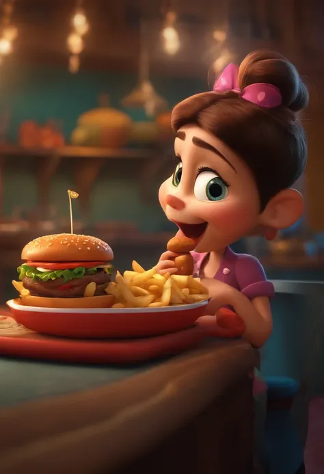 faz uma garota, Shes hungry, como Disney Cartoon, Shes eating hamburger, Pixar, ....3d, Disney