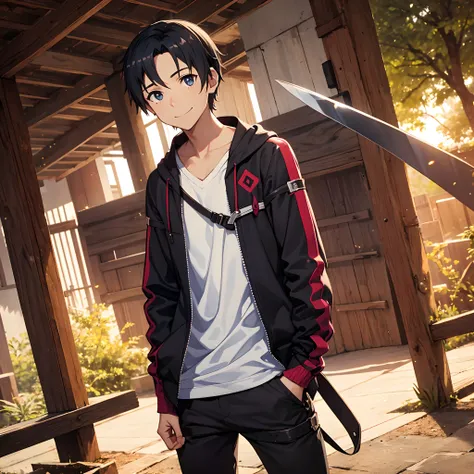 Um jovem de 20 anos, usando roupas parecidas com as do Kirito de Sword Art Online, cabelo preto arrepiado e pele branca, olhos azuis brilhantes, left hand in pocket, tronco inclinado pra frente, Right hand holding sword over right shoulder, olhando pra fre...