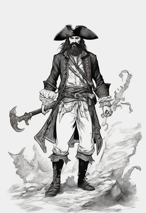 Estilo carta de jogo rpg Velho com barba preta e cicatriz no rosto, Pirate hat, roupa de pirata, Ripped white shirt with arms spread in right hand, A Sword and Left Hand, uma pistola