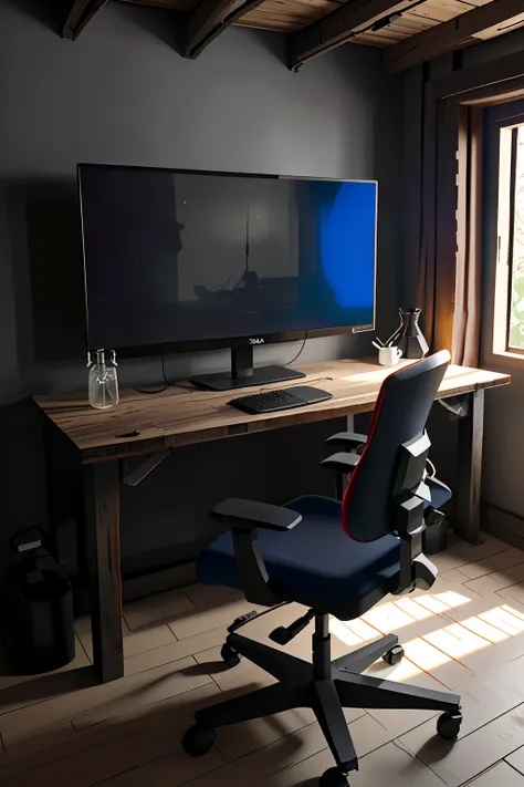 uma sala de jogos com elegante, rustic and minimalist design, with a high-tech multi-monitor gaming setup, rgb lighting that pro...