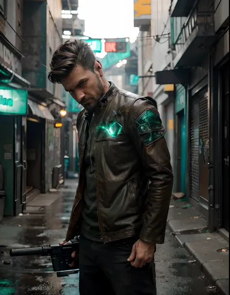 A photo of a male with piercing emerald green eyes and a rugged beard, showcasing his rugged and confident demeanor. He wears a weathered leather jacket adorned with cybernetic enhancements, hinting at his augmentation. Against a backdrop of a dark and rai...