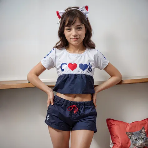 conjunto infantil composto por uma regata e um short. The regatta is grey with a two-cherry graphic and the words "menina doce" em preto e vermelho. The shorts are blue with a pattern of white cats and red hearts