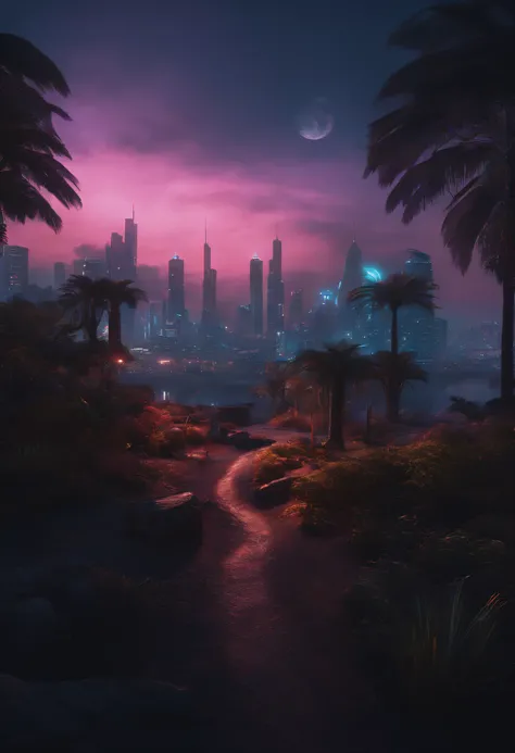 Un paisaje postapocaliptico nocturno cyberpunk 5K