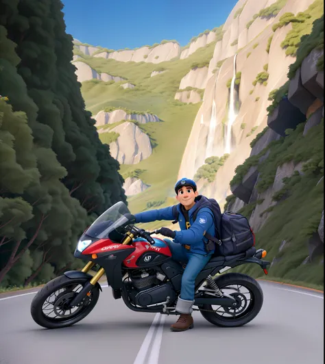 um homem em sua moto na serra do corvo branco estilo pixar, alta qualidade, melhor qualidade