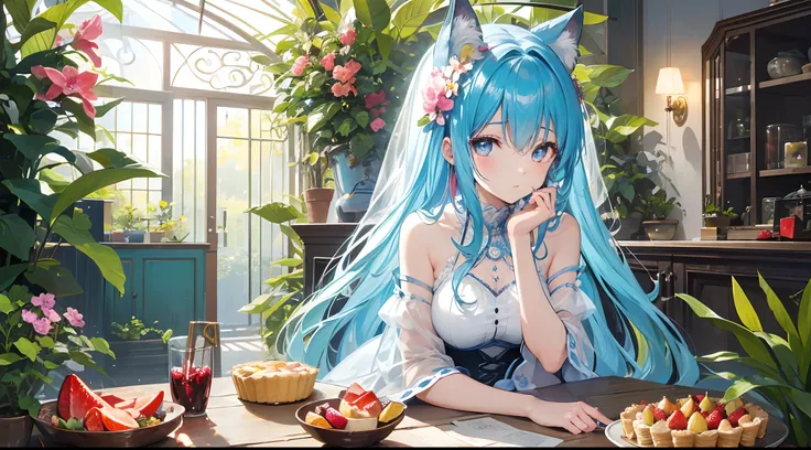 animesque、illustratio、fine lines、ultra-definition、Ultra High Definition Facial、Ultra-fine eyes、fantastical light、Girl Eating Tart、Fruit tart、Lots of tarts、colourfull、colorful flower、Fantasia、room full of plants、glasshouse