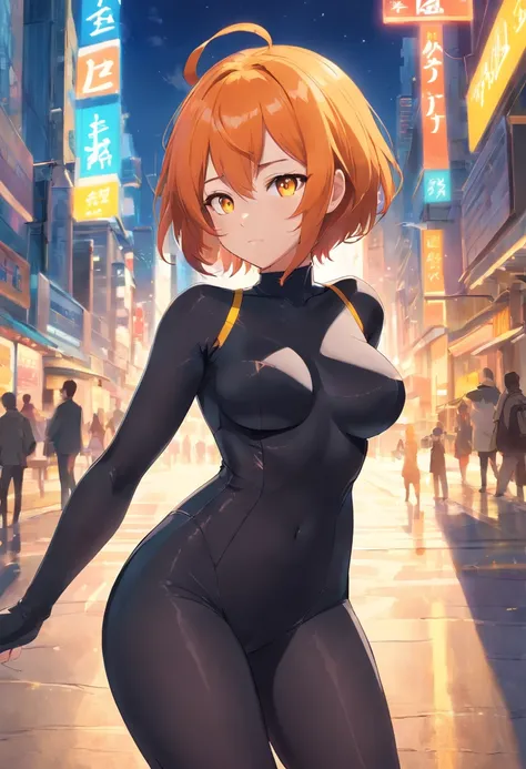 1 female、Orange hair、Colossal tits、Big ass、Black catsuit、yellow  eyes、Large, thick thighs、a short bob、wide hips、pantyhose