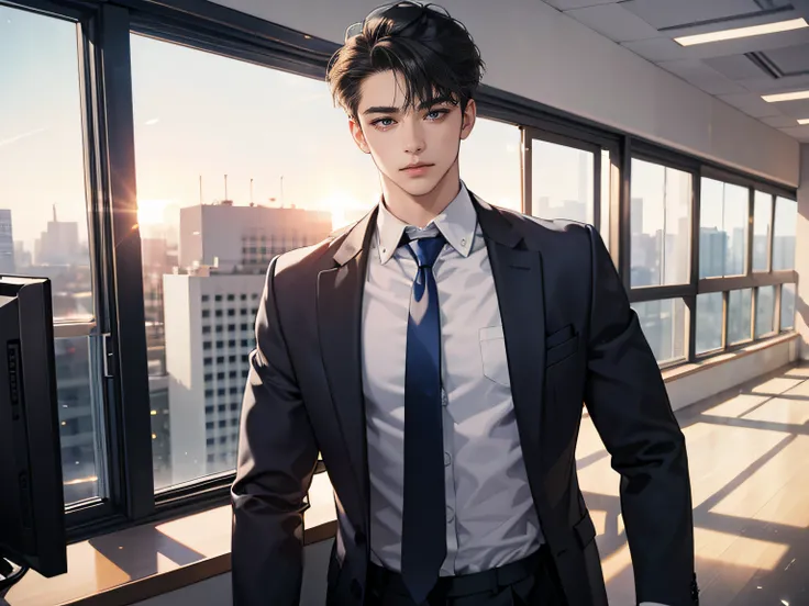 1boy, face focus, adult, business suit, jacket, white shirt, necktie, pants, best quality, hires, detailed face, office, buildings from window, detailed background, diffused sunlight, depth of field, bokeh