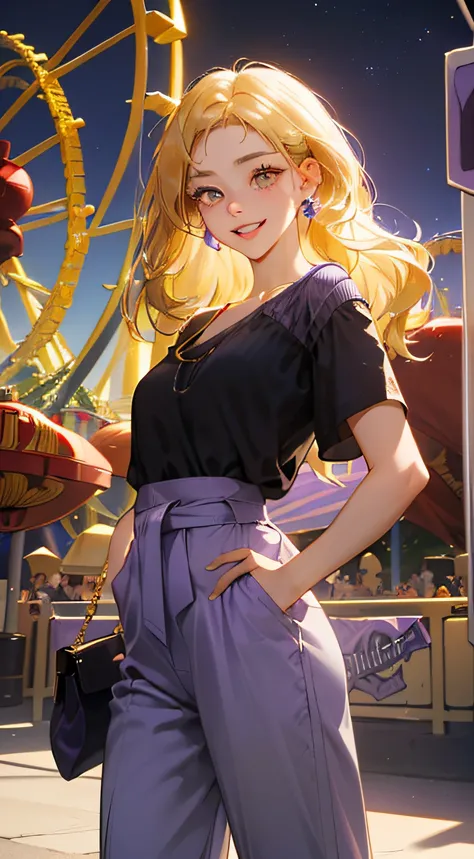 highres, ultra detailed, 1girl, solo, extremely detailed eyes, (Gold colored hair:1.5) ,long hair, (straight waist-length gold colored hair:1.5) ,(Anti-flash white-colored eyes:1.5) , ulzzang , she is wearing a ((Heliotrope colored Short Sleeve Oversized  ...