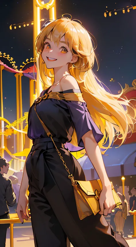 highres, ultra detailed, 1girl, solo, extremely detailed eyes, (Gold colored hair:1.5) ,long hair, (straight waist-length gold colored hair:1.5) ,(Anti-flash white-colored eyes:1.5) , ulzzang , she is wearing a ((Heliotrope colored Short Sleeve Oversized  ...