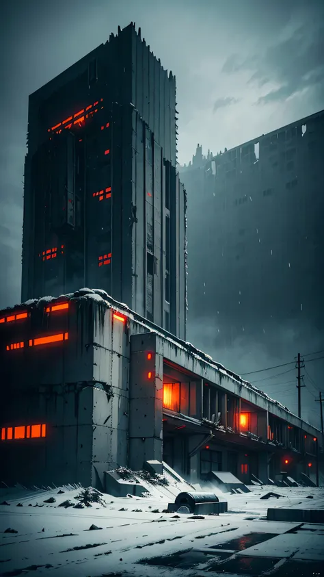 dark art, hopeless landscape, highly detailed landscape, tundra, loneliness, massive concrete building, giant concrete futuristic brutalism redearch station, abandoned, faint red alarm lights, falling snow, dark art, dystopian atmosphere, edge of the world...