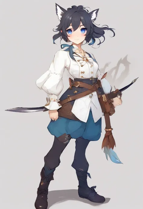 (ConceptArt:1.3), (Genshin Impact:1.2), (1girl:1.4), (独奏), (Russian Style:1.4), (whitebackground), (blue eyes:1.4), (pants:1.3), (white  shirt:1.3), (Army boots), (Fantasy:1.3), (black hair), (Fox ears), (More Details:1.4), big breastes, Character referenc...