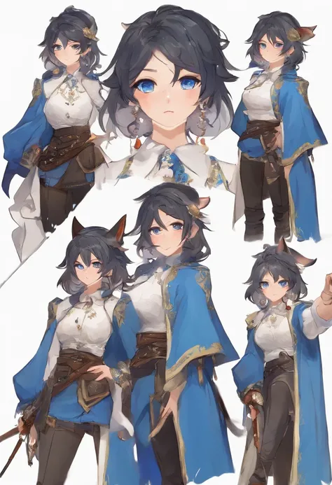 (ConceptArt:1.3), (Genshin Impact:1.2), (1girl:1.4), (独奏), (Russian Style:1.4), (whitebackground), (blue eyes:1.4), (pants:1.3), (white  shirt:1.3), (Army boots), (Fantasy:1.3), (black hair), (Fox ears), (More Details:1.4), big breastes, Character referenc...