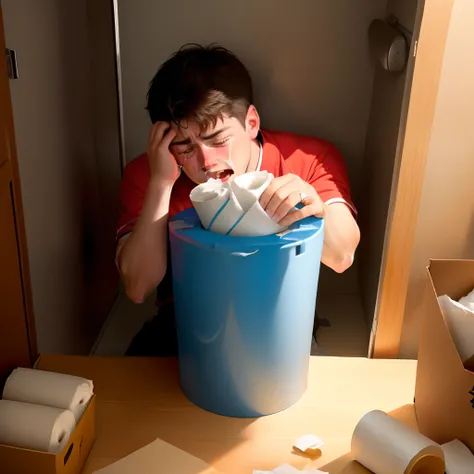 Ryan day crying over a pile of toilet paper rolls