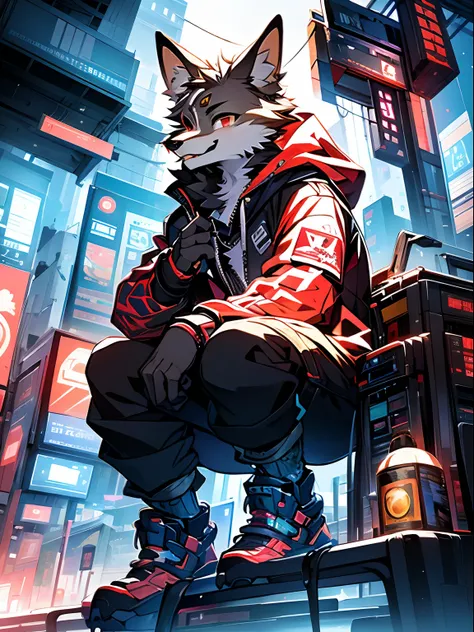 tmasterpiece，hight resolution，8K，high quarity，BREAK，BREAK，（medium build，Black fur，Red pupils，Bright yellow coat，）） coyote， Broken， mascular， male people， human - shaped，Bright yellow sweatshirt，hoods，(Cyberpunk style，城市，mechanised)，独奏