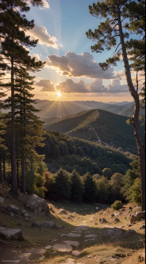 Please create a stunning ultra high-quality photo of an anime world landscape during the evening, with beautiful rays of the setting sun, a mesmerizing view of trees and mountains