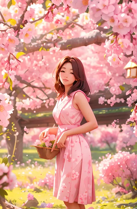 A beautiful 30-year-old farmer woman picking Sakura flowers, standing posture, wearing a pink and white Japanese flock, feminine form, lot of Sakura flowers on branches, morning light