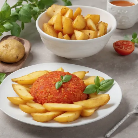 (melhor qualidade,Altas,master part:1.2),ultra-detalhado,Realistic,Fotografia de Alimentos, 2 chicken parmigiana fillet dishes,servido com batatas fritas e arroz branco,peito de frango macio e suculento,Revestimento empanado crocante,cor marrom dourado,car...