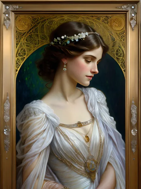 high quality, super realistic, Envision a hyper-realistic composition that seamlessly integrates the exquisite detail of John Singer Sargent with the dreamlike elegance of Alphonse Mucha and Gustav Klimt, creating a heavenly beautiful womans portrait where...