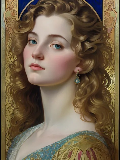 high quality, super realistic, Envision a hyper-realistic composition that seamlessly integrates the exquisite detail of John Singer Sargent with the dreamlike elegance of Alphonse Mucha and Gustav Klimt, creating a heavenly beautiful womans portrait where...