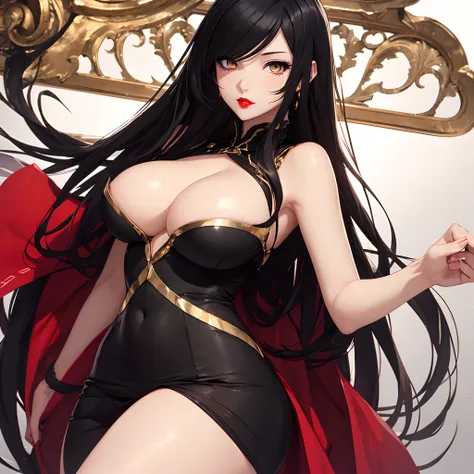 sexy anime girl, long black hair, gold eyes, long eye lashes, red lips, big breasts, black clothes, drakengard