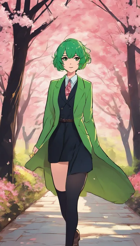 An anime girl with short green hair in a strict black suit runs along a path in a park where cherry blossoms are blooming