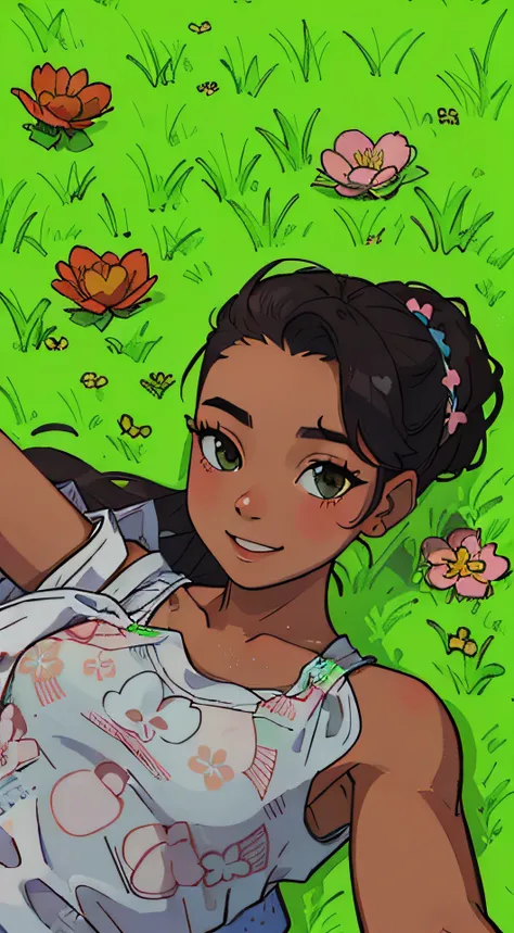 an image of a young woman with perfectly styled hair, donning a white tank top adorned with cute cat motifs, reclining on the grass. Shes in the midst of taking a selfie, her warm smile engaging with the viewer, while colorful flowers bloom around her.